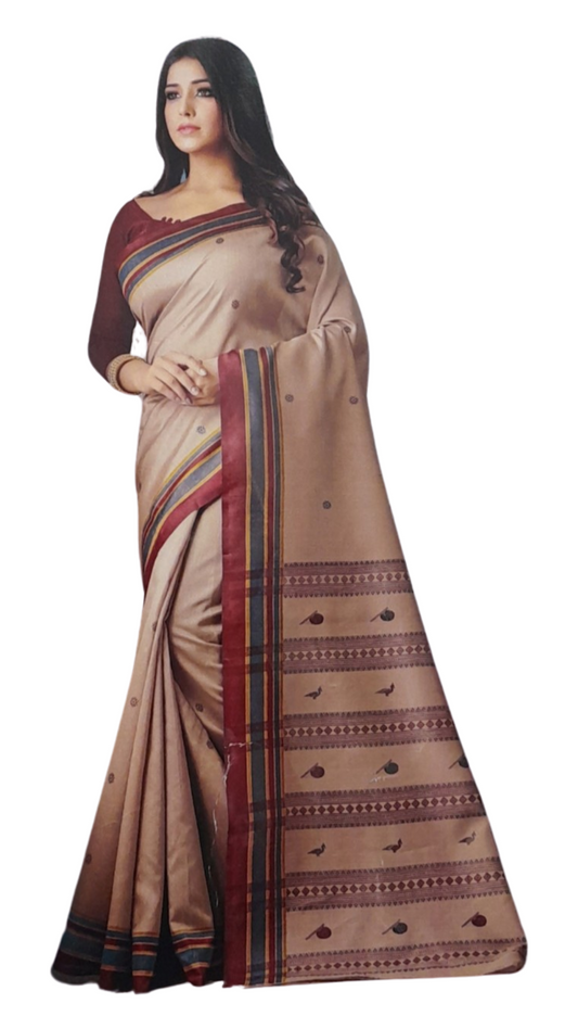 Smooth Coffe brown Silk Cotton Saree With Black , Maroon Motifs with a Two Color Border ,Mustard Outline & A Deep Maroon Blouse To Amp Up Your Festive Look - With Blouse - SonaMandir