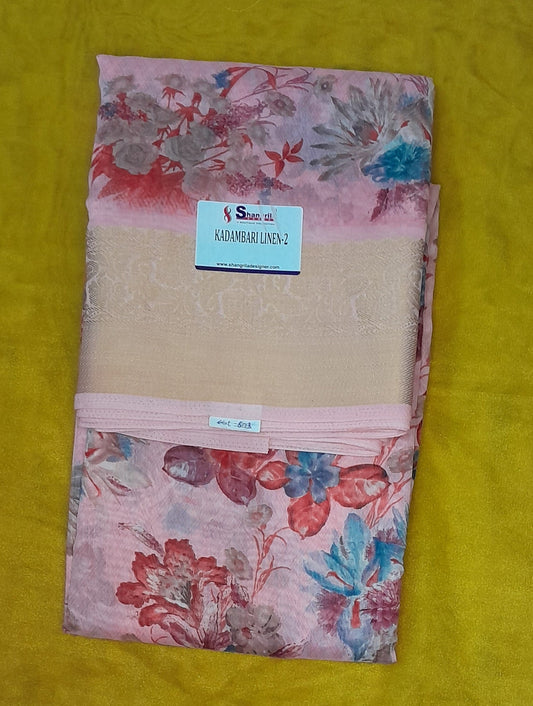 Wide Golden Zari Border With Floral Print All Over - With Blouse - SonaMandir