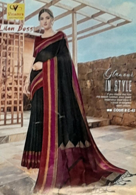 Elegant Black Pallu With Contrast Blouse & Running Border - WIth Blouse - SonaMandir