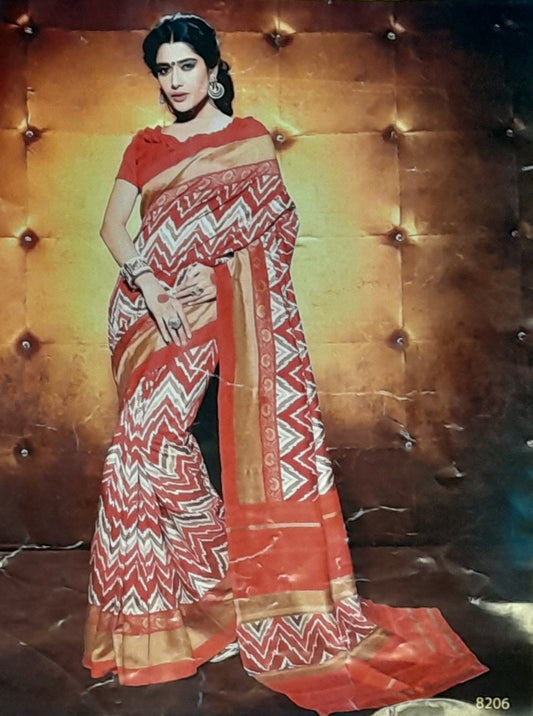 Two Color Cotton Saree With Abstract Print With Antique Border Running Blouse - With Blouse