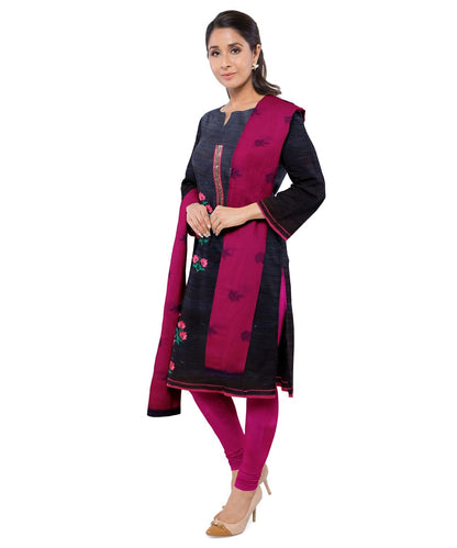 Navy Blue & Pink Unstitched Embroidered Work Material With Contrast Colored Printed Shall & Plain Bottom