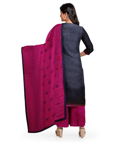 Navy Blue & Pink Unstitched Embroidered Work Material With Contrast Colored Printed Shall & Plain Bottom