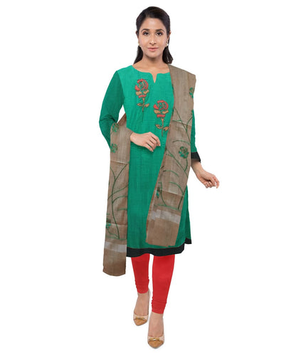 Good Vibes Sea green Unstitched Patchwork Material With Embroidered Shall & Contrast Bottom