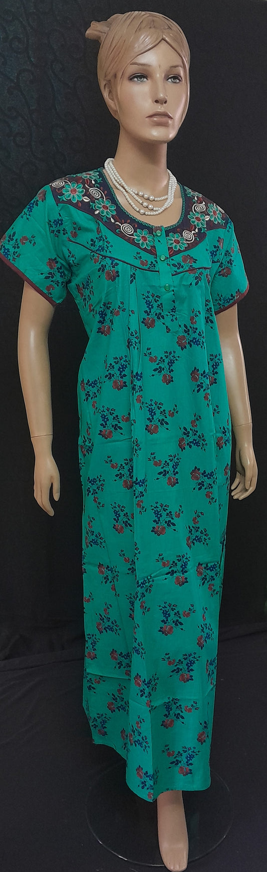 Women's Rama Green Floral Print Short Sleeves Nighty - Size(44)