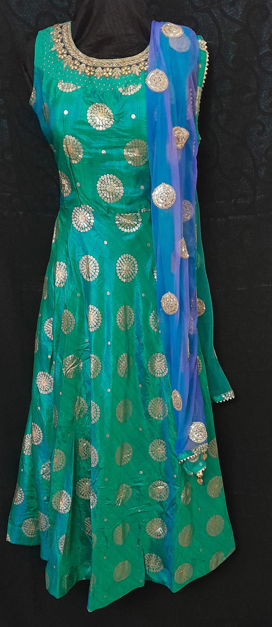 Ramar Pachai Dupion Silk Ready Made Churidar With Contrast Royal Blue Embroidered Dupatta & Self Plain Churidar Bottom - Size(L)