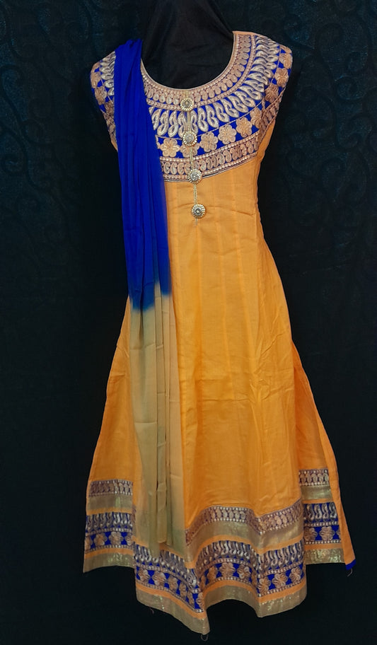 Women's Dark Peach Embroidered Salwar With Shaded Shall & Royal Blue Bottom - Size (XL)