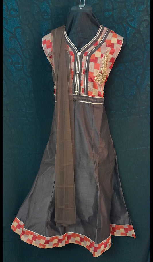 Coffe Brown Readymade Women's Silk Cotton Salwar With Self Netted Dupatta & Self Plain Bottom - Size (XL)