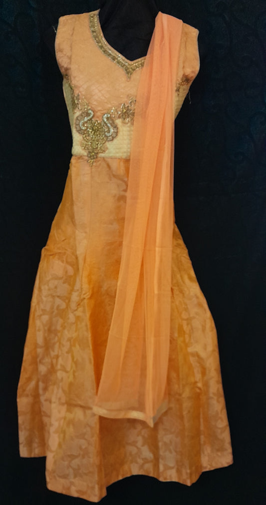Women's Peach Colored Readymade Salwar With Embroidered Neck , Plain Netted Shall & Plain Bottom - SIze (40)