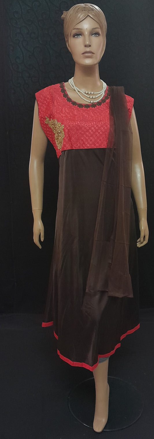 Tomato Pink With Coffe Brown Readymade Churidar With Netted Shall & Self Bottom - Size (XXL)