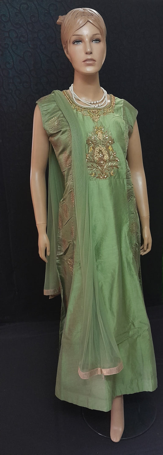 Women's Pistachio Green Embroidered Neck & Full Back Work With Self Netted Shall & Self Colored Bottom - Size (XXL)