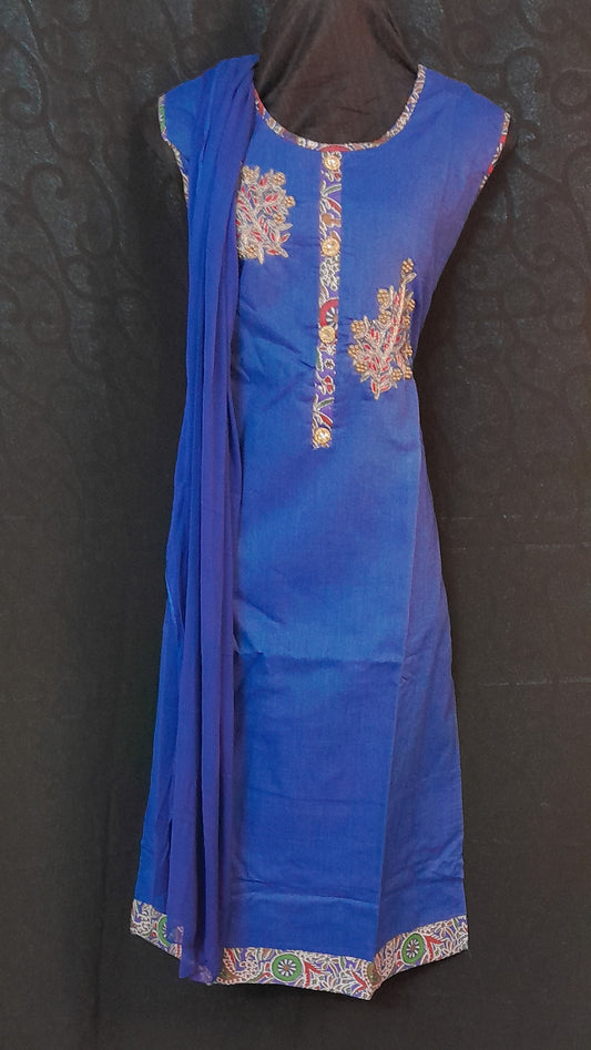 Royal Blue Women's Straight Fit Bead Work Salwar With Self Colored Shall & Printed Bottom - Size (XL)