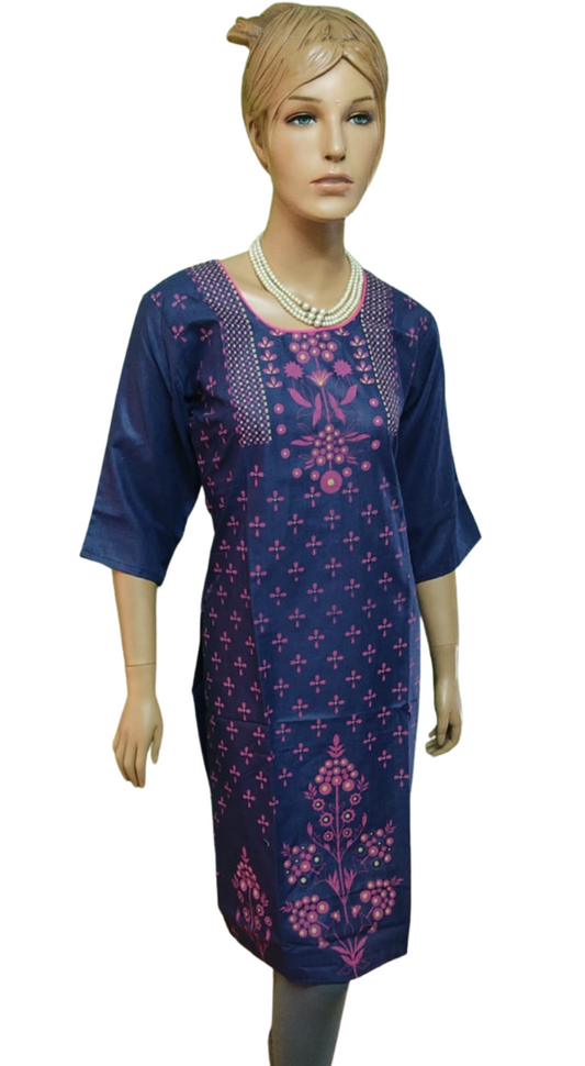 Women's Navy Blue Embroidered Cotton Kurta 3/4th Sleeves  - Size (M-XXL) - SonaMandir