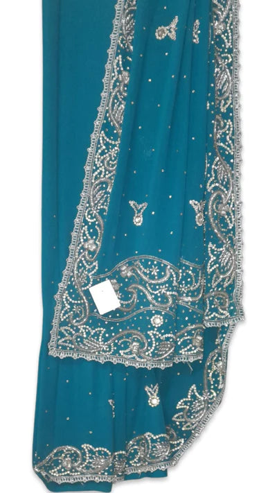 Rama Blue Stone Work Bridal Saree - With Blouse ( 6.3 mtrs)
