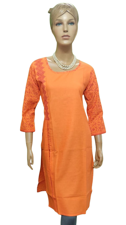 Women's Fanta Orange Kurti With Sleeves & Back Print  - Size(L,XL) - SonaMandir