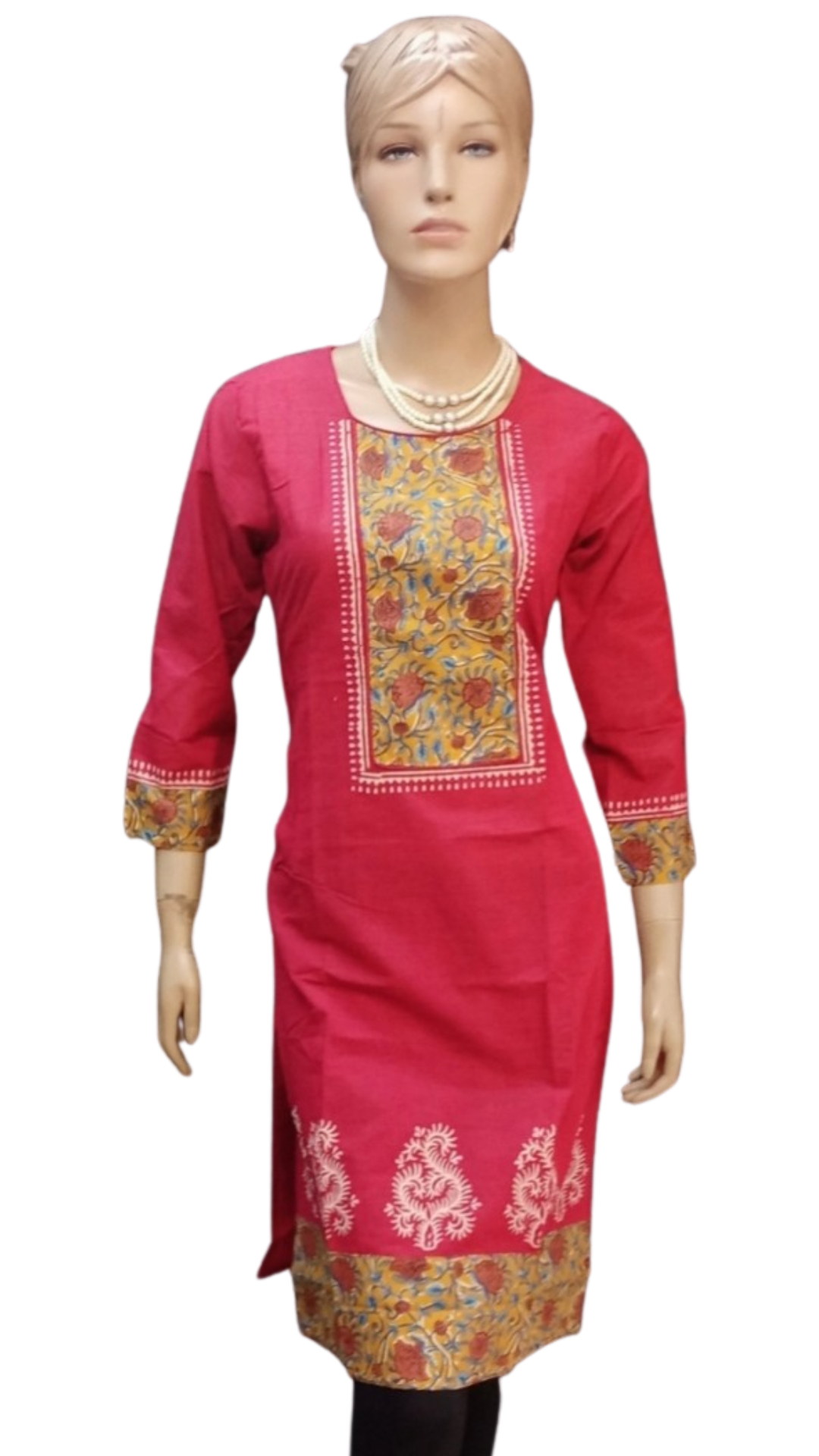 Women's Cotton Kurta With Matching Sleeves , Neck & Border Print - Size (XL) - SonaMandir