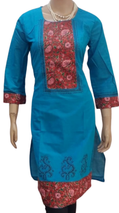 Women's Cotton Kurta With Matching Sleeves , Neck & Border Print - Size (XL) - SonaMandir