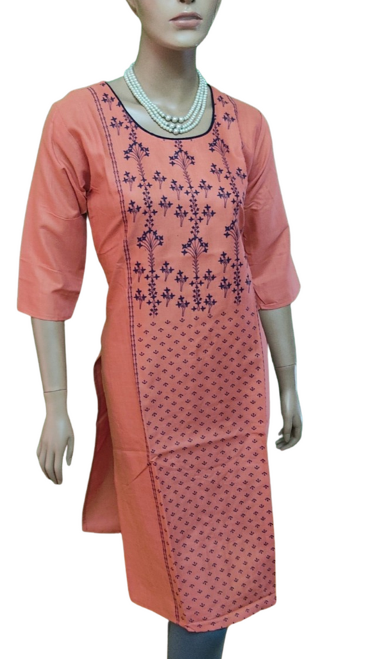 Elegant Peach Kurti With Contrast Print Suitable 3/4Th Sleeves - Size(M-XXL) - SonaMandir