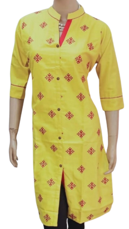 Wome's Golden Mustard Chinese Collar Kurta Neck Silk Cotton Top With 3/4th Sleeves - Size (M-XXL) - SonaMandir