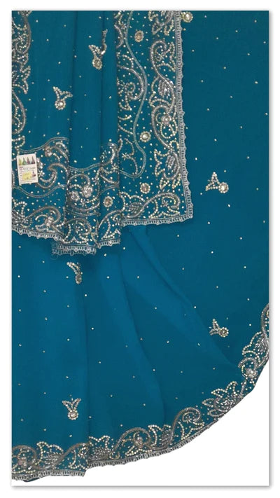 Rama Blue Stone Work Bridal Saree - With Blouse ( 6.3 mtrs)