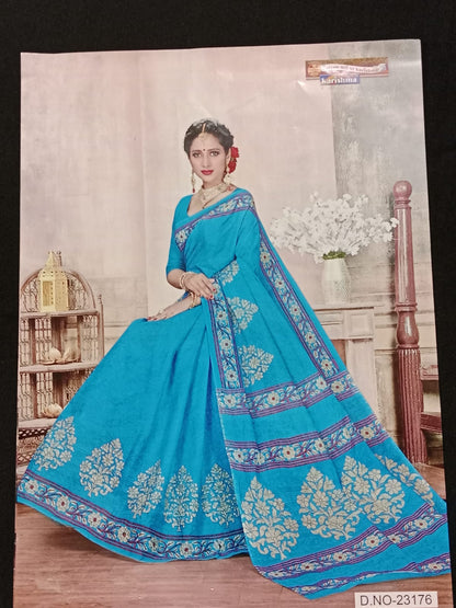 Thirsty Blue Pure Cotton Karishma Branded Saree - With Blouse