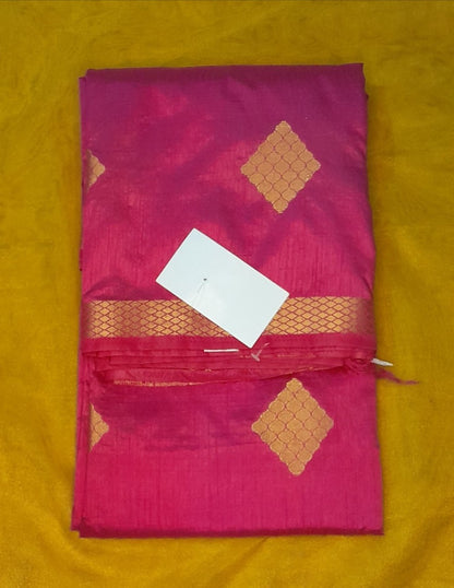 Dazzling Magenta With Golden Motif All Over With A Beautiful Golden Zari Border & Running Blouse  - With Blouse - SonaMandir