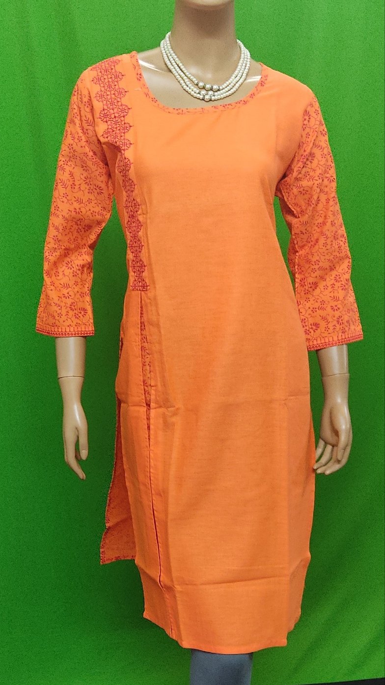 Fanta Orange Kurti 3/4th Self Printed Sleeves With Self Work At The Back- Size - SonaMandir