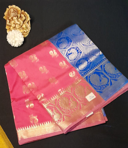 Coral Pink Benaras Cotton Saree With Golden Motifs , With Blouse ( Running )