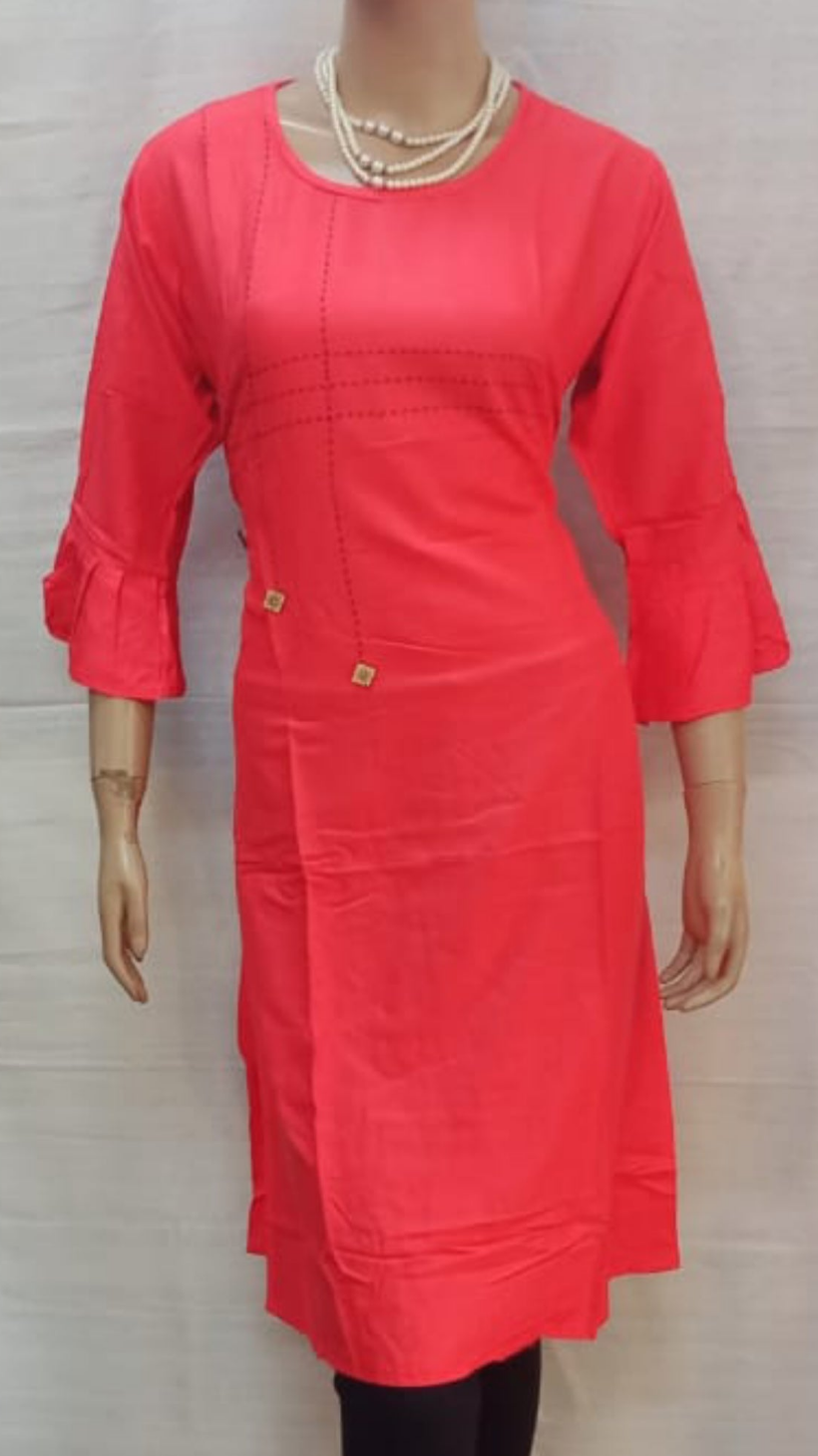 Vibrant Tomato Pink Straight Fit Rayon Fabric Kurta 3/4th Sleeves WIth Self Work - Size (L,XL) - SonaMandir