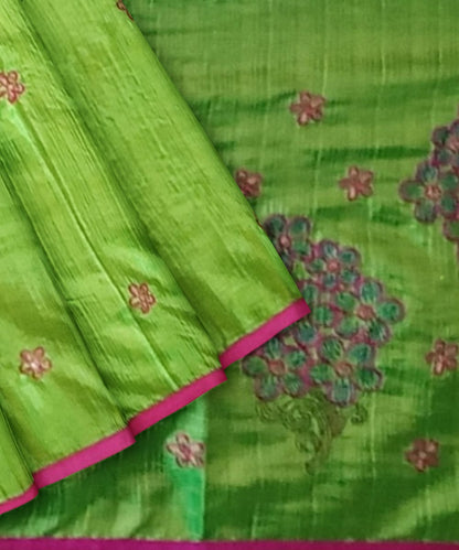 Kili Pachai Dupion Silk Saree With Embroidery Work At The Drape , Pleats & Contrast Blouse -  With Blouse - SonaMandir