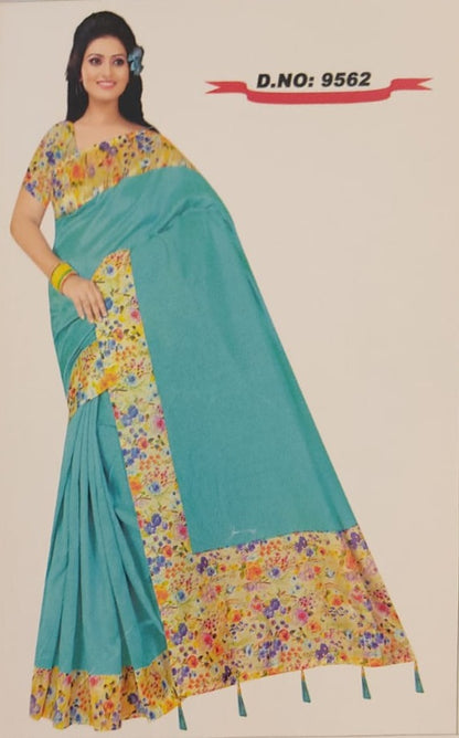 Bhagalpuri Silk Saree With Printed Pallu ,Running Border & Matching Blouse- With Blouse - SonaMandir