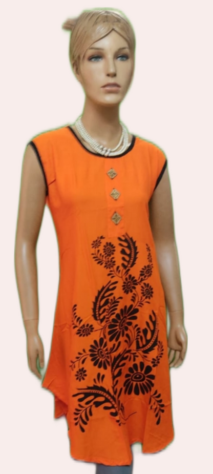 Vibrant Coloured Cotton Kurti WIth Charcoal Black Printed Motif With Sleeves ( Unstitched) - Size(xxl) - SonaMandir