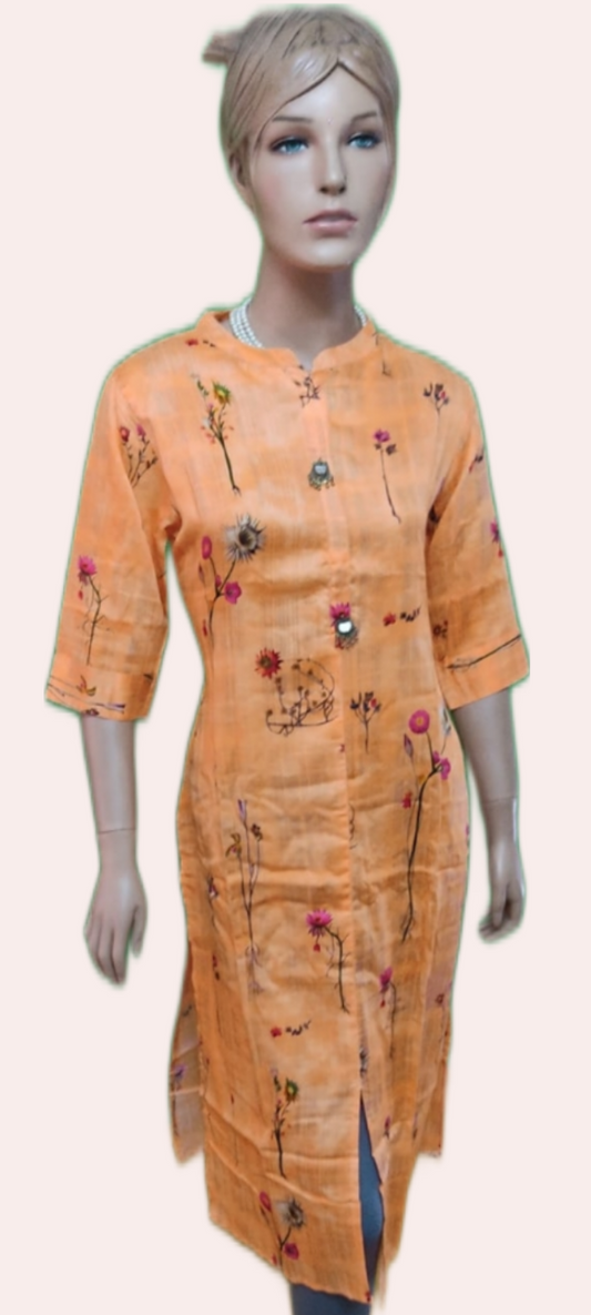 Elegant Peach Long Kurta With 3/4th Sleeves - Size(XL) - SonaMandir
