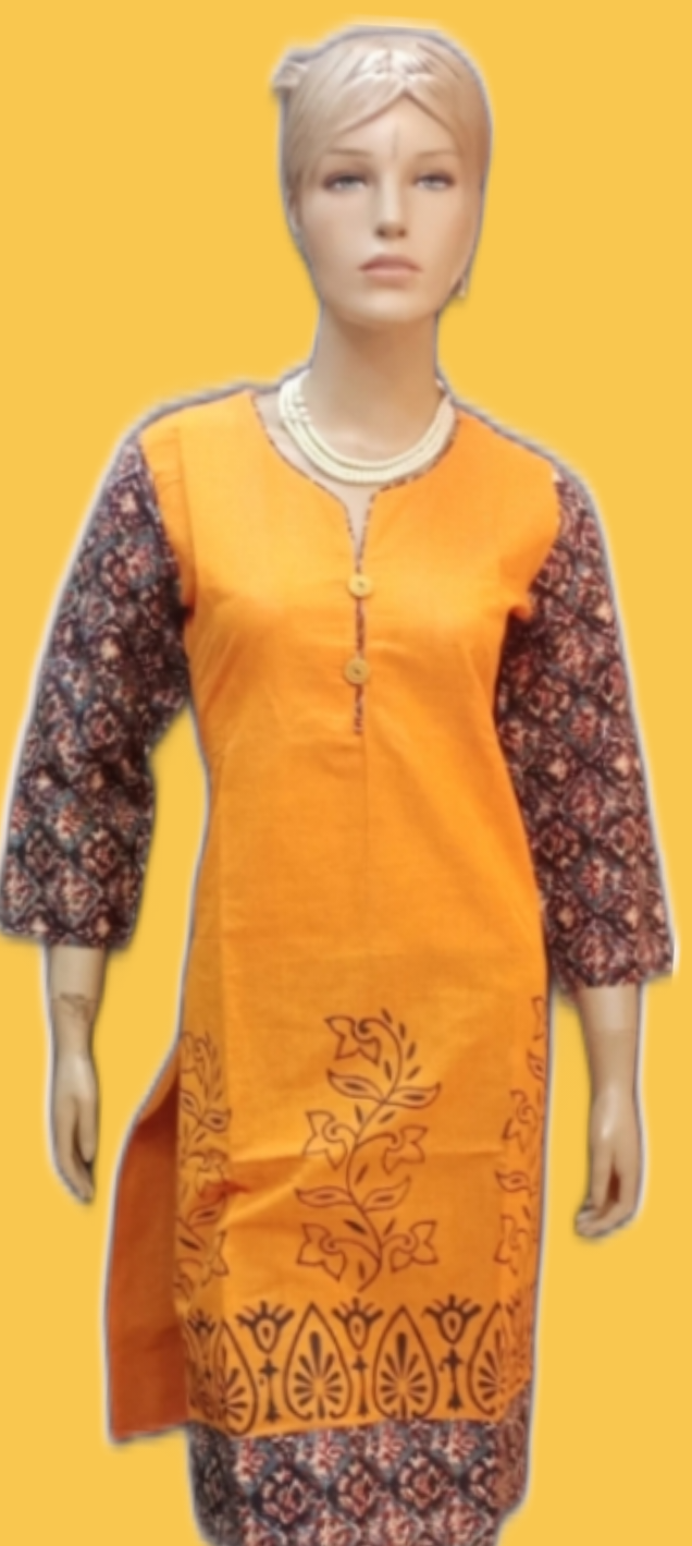 Womens Straight Fit Kurta With Sleeves & Border Matching Print - Size(XL) - SonaMandir