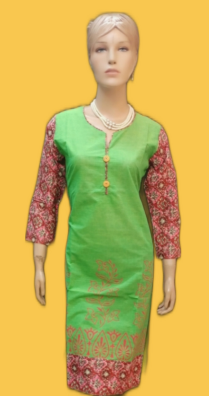 Womens Straight Fit Kurta With Sleeves & Border Matching Print - Size(XL) - SonaMandir