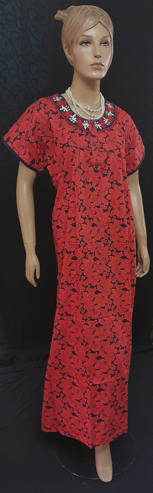 Navy Blue Red Printed Women's Short Sleeve Cotton Nighty - Size (46)