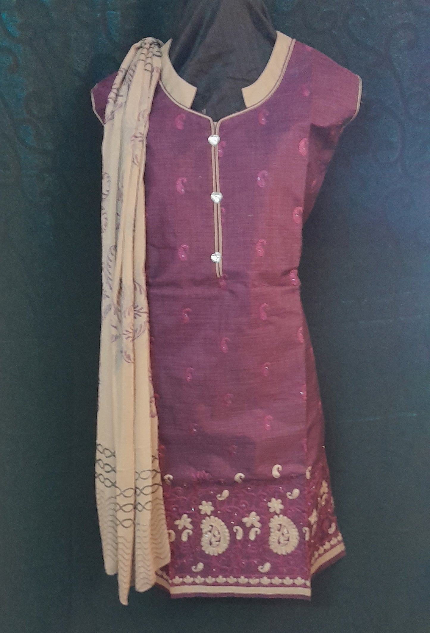 Wine Colored Cotton Readymade Salwar With Printed Contrast Dupatta & Plain Contrast Bottom - Size( XXL )