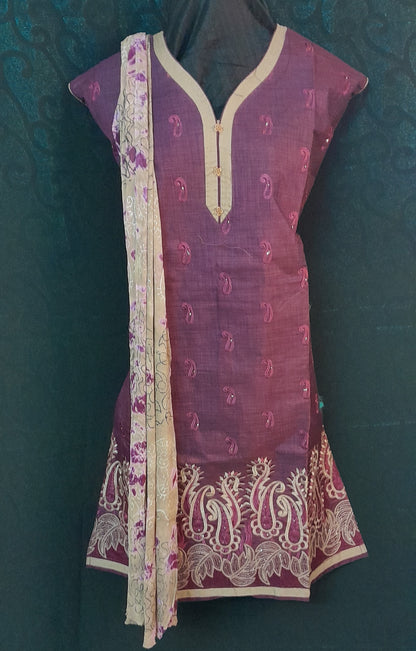 Wine Colored Cotton Readymade Salwar With Printed Contrast Dupatta & Plain Contrast Bottom - Size( XXL )