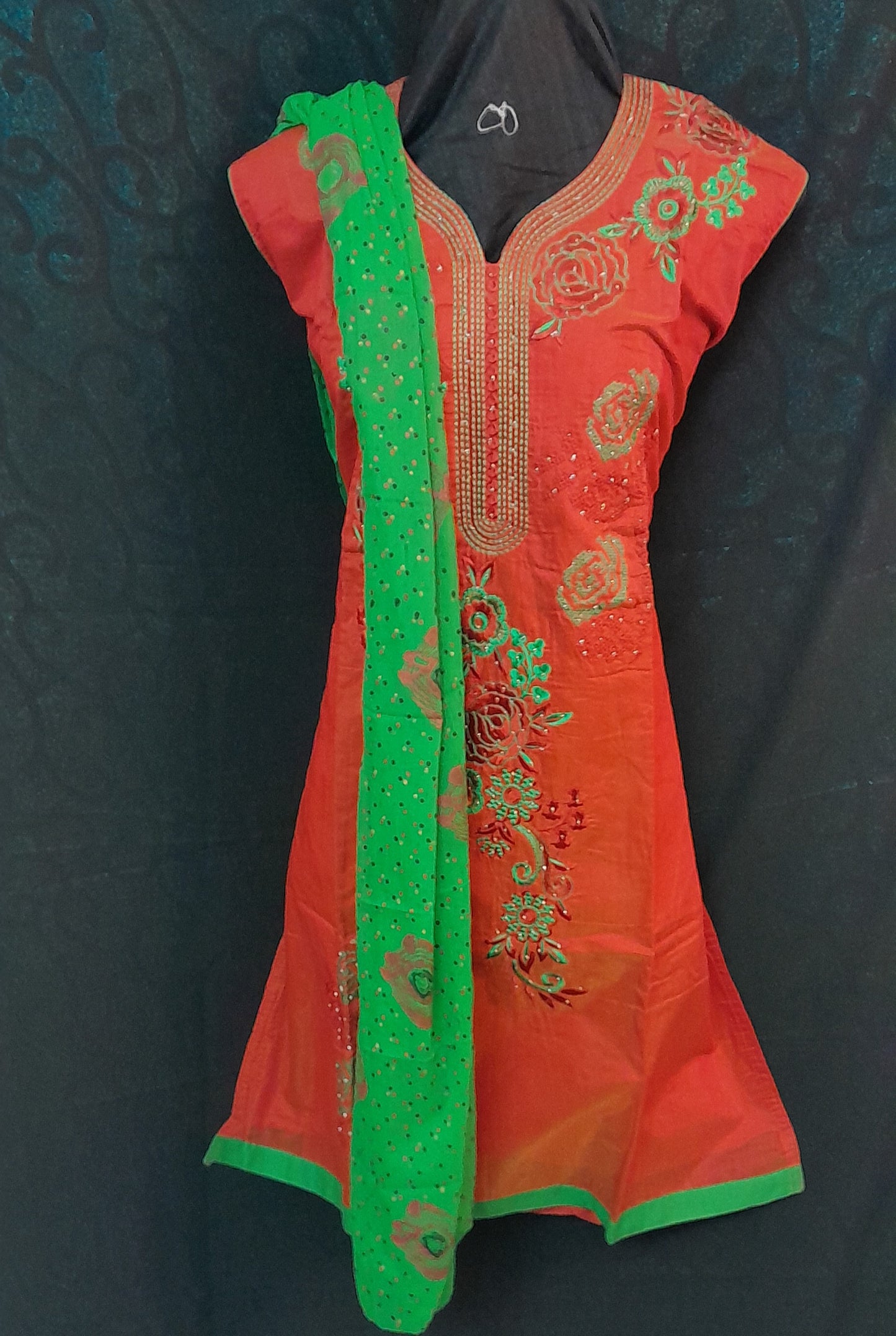 Women's Contrast Embroidered Salwar With Parrot Green Bandhini Dupatta & Plain Parrot Green Bottom - Size (XL)