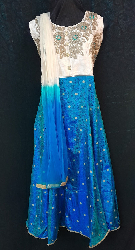 Women's Faun & Royal Blue  Colored Readymade Salwar With Embroidered Neck , Shaded Net Shall & Plain Cream Colored Bottom  - Size (XXL)