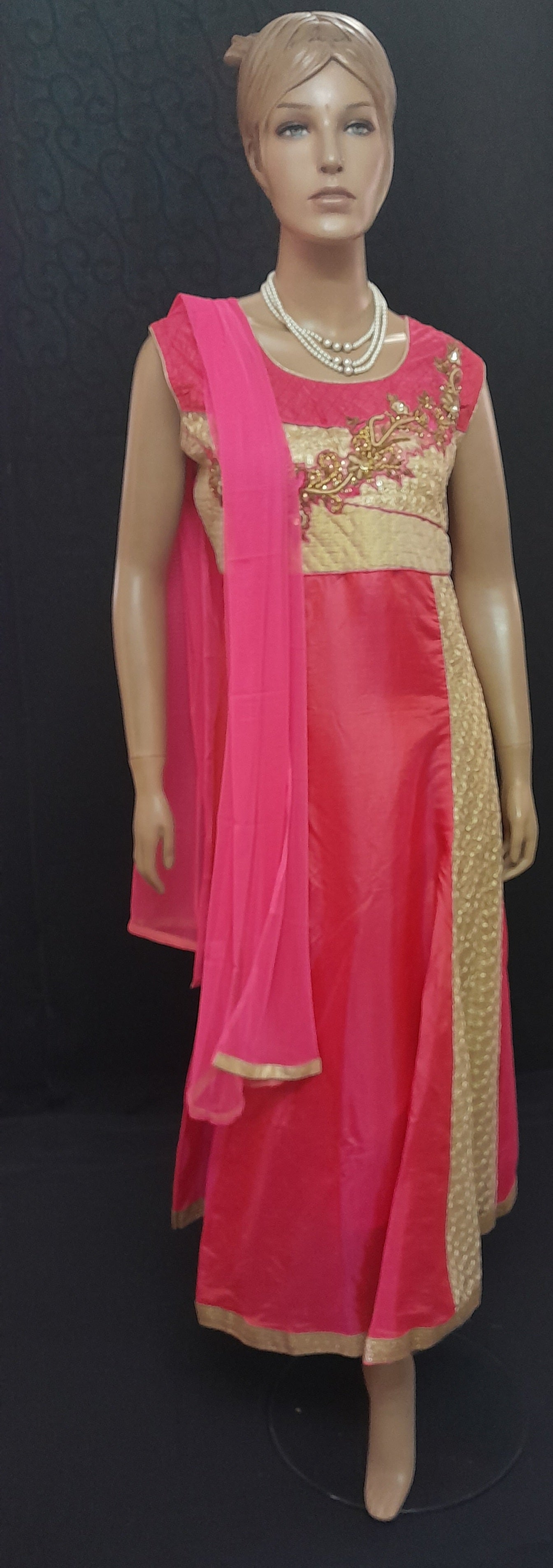Faun With Magenta Silk Cotton Embroidered Ready Made Salwar With Netted Magenta Shall & Plain Magenta Bottom - Size (XXL)