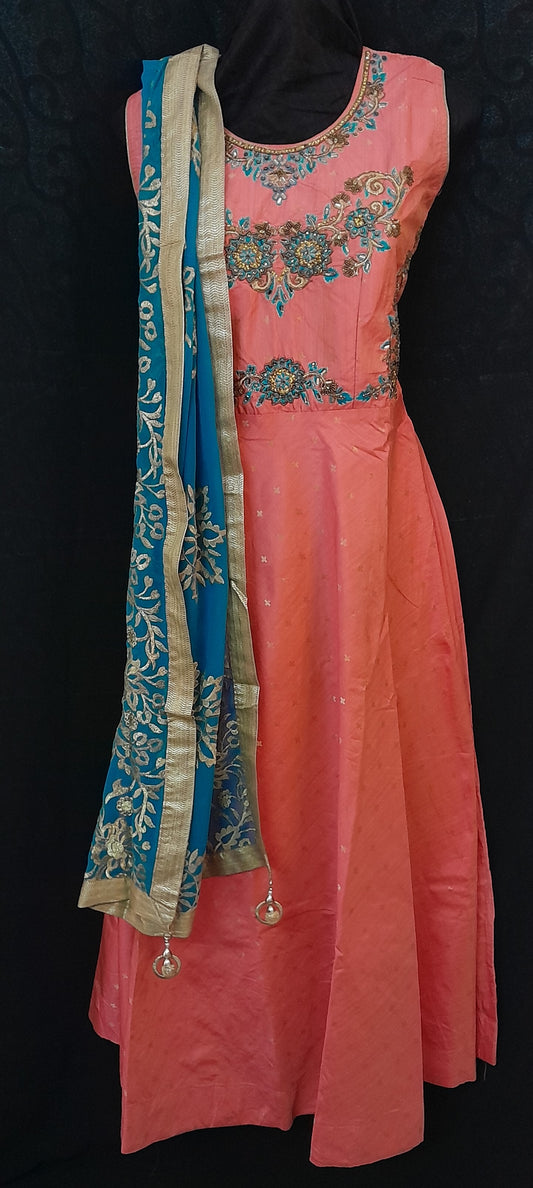 Womens Pink Salwar With Embroidery Work Contrast Work Shall & Plain Bottom - Size (XL)