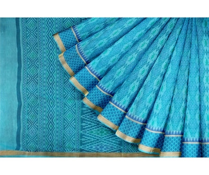 Women's Turquoise Blue Saree With One Sided Self Border & Contrast Gold Border - With Blouse - SonaMandir