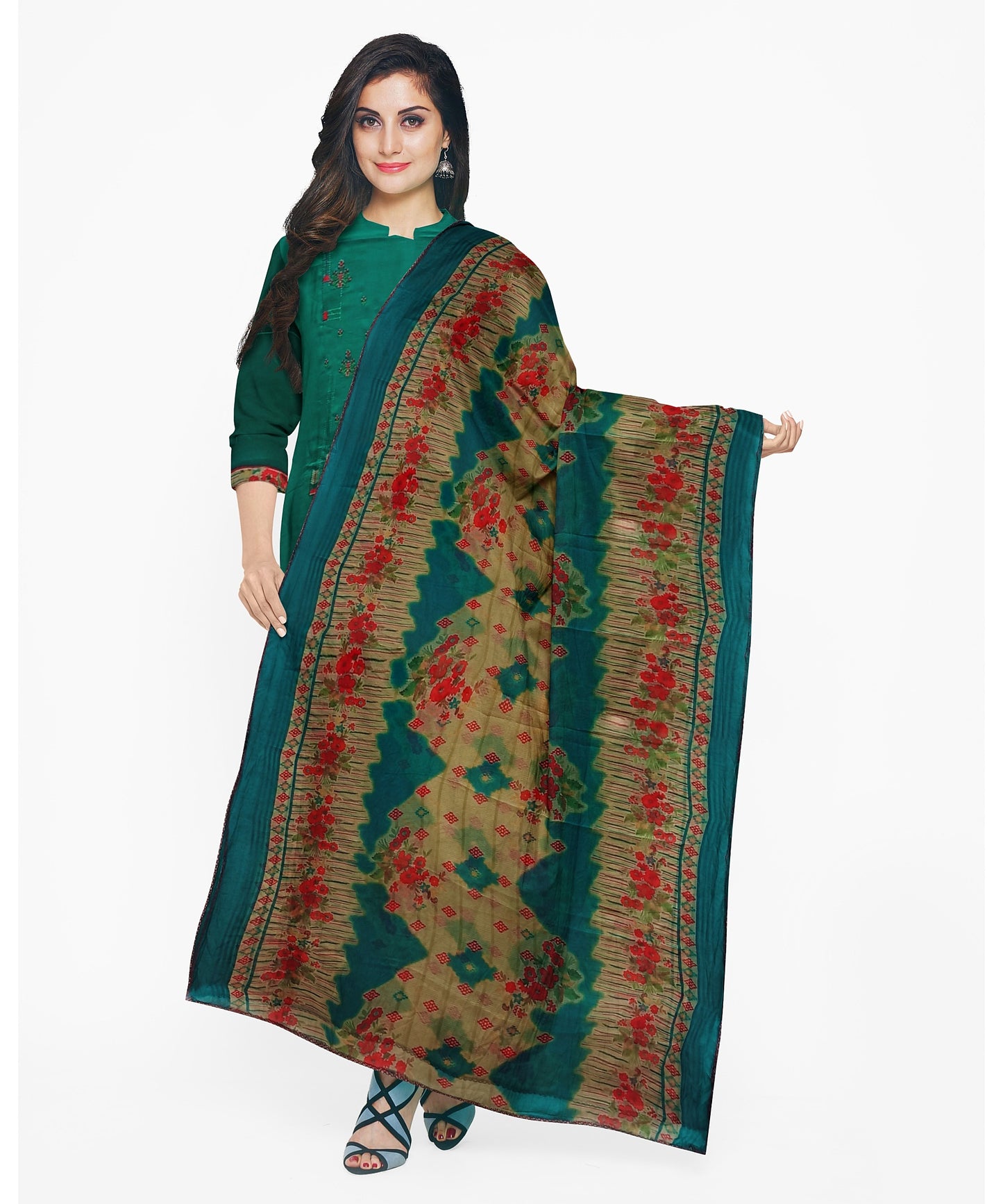 Kaira Rama Green Unstitched Embroidered Material With Printed Shall & Contrast Bottom