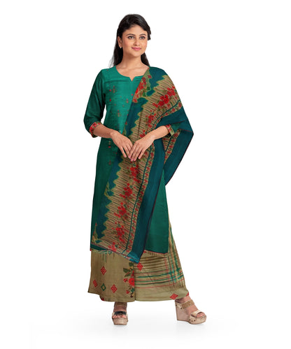 Kaira Rama Green Unstitched Embroidered Material With Printed Shall & Contrast Bottom