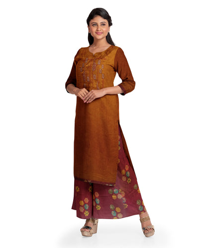 Kaira - Rust Color Mixed Cotton Unstitched Embroidered Dress Material With Shall & Contrast Bottom