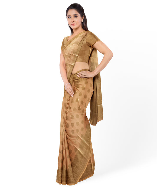 Classic Pattu Style Silk Cotton Saree With Golden Motifs Running Border & Blouse - With Blouse - SonaMandir