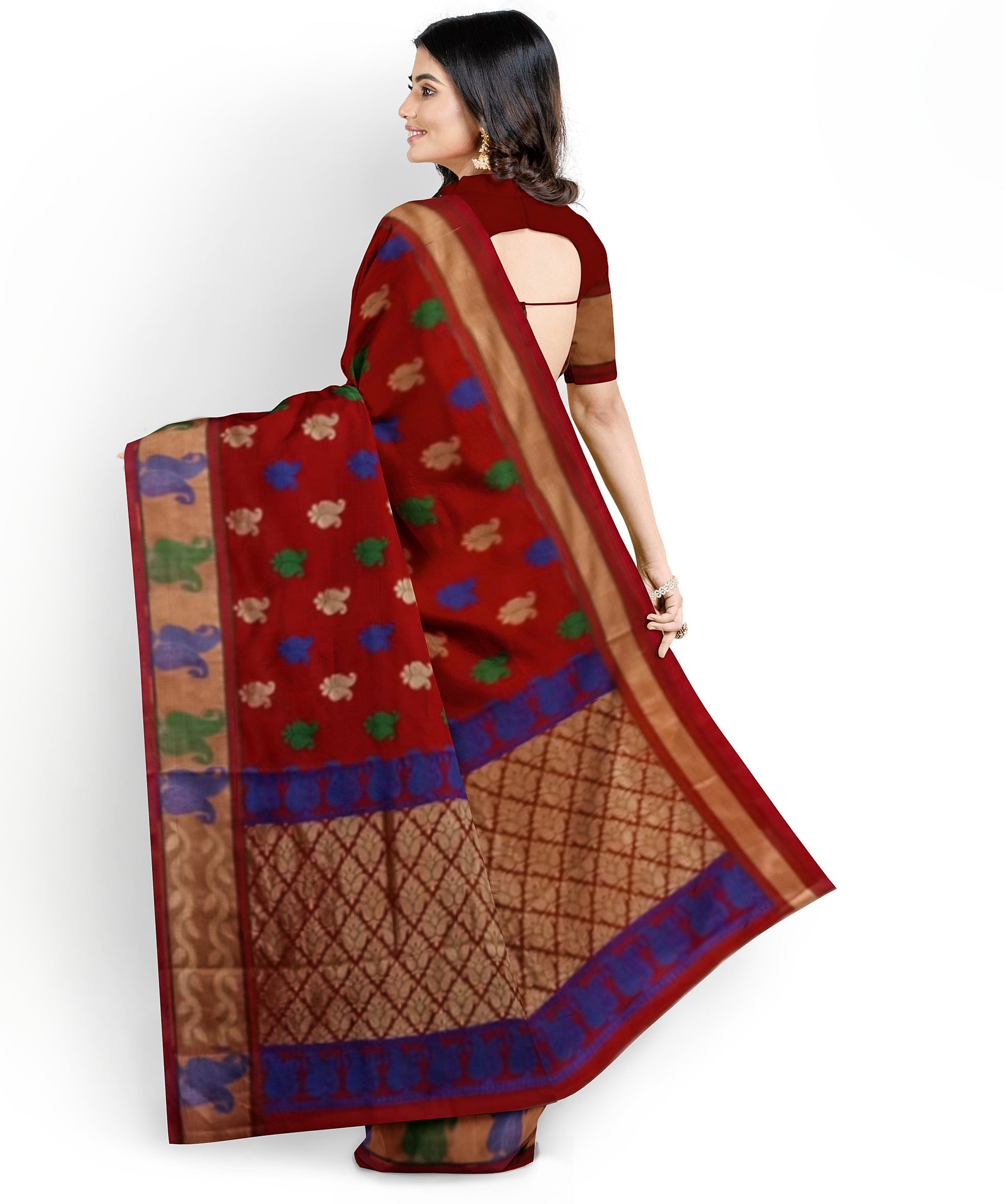 Deep Maroon Cotton Saree With Contrast Motifs And Matching Border - With Blouse - SonaMandir