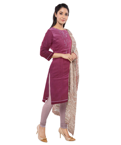 Marron & Peach Unstitched Antique Work Material With Contrast Colored Printed Shall & Plain Bottom