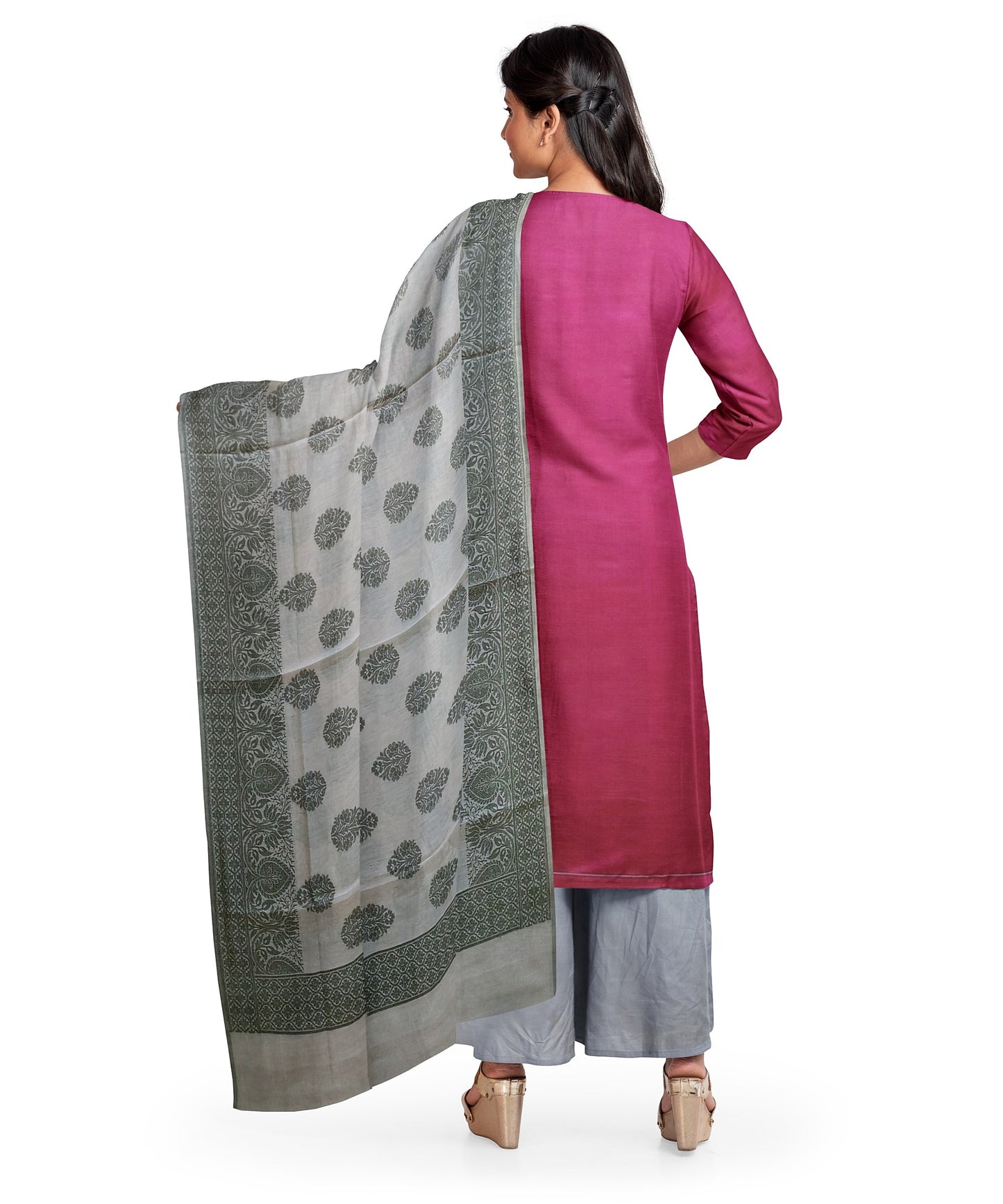 Ash With Magenta Unstitched Embroidered Material With Brocade Shall & Contrast Bottom