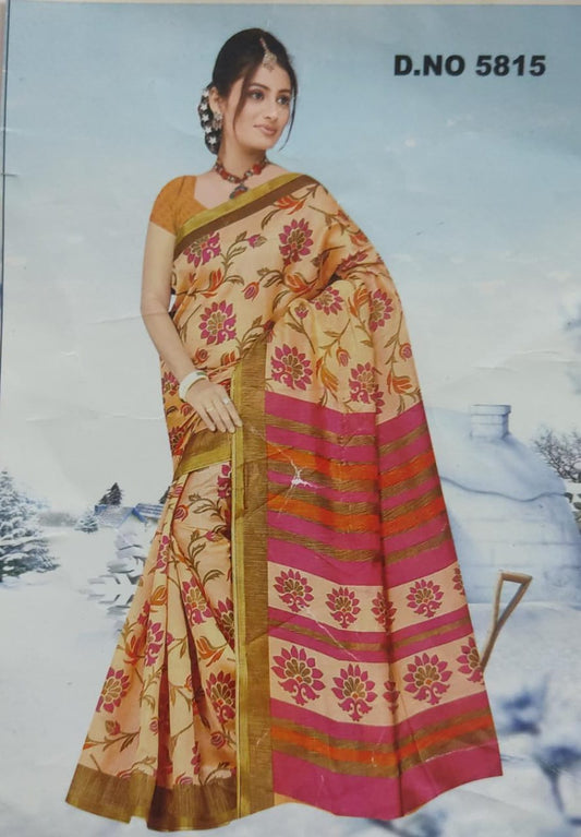 Charming Pink Handloom Cotton saree, Skillfully Handcrafted For Women, Featuring A Luxurious Golden Border , With Blouse ( Running )
